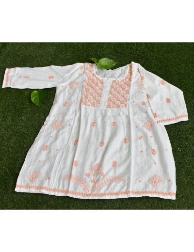 Chhangamal Hand Embroidered Womens White Colour Chanderi Silk Chikankari Short Top