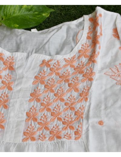 Chhangamal Hand Embroidered Womens White Colour Chanderi Silk Chikankari Short Top