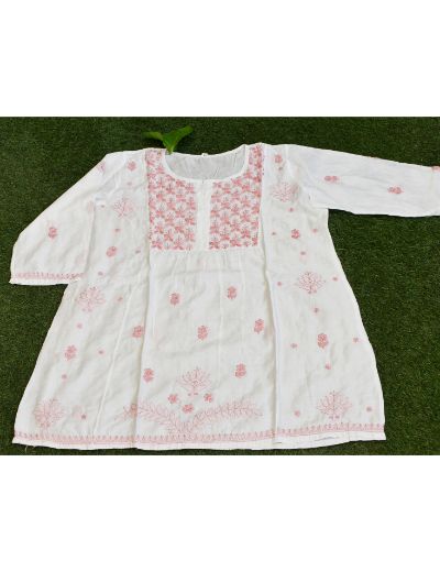 Chhangamal Hand Embroidered Womens White Colour Chanderi Silk Chikankari Short Top