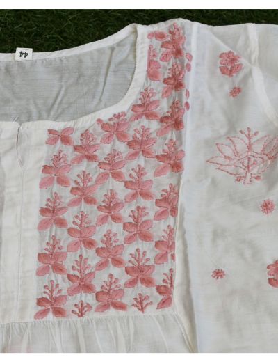 Chhangamal Hand Embroidered Womens White Colour Chanderi Silk Chikankari Short Top