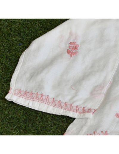 Chhangamal Hand Embroidered Womens White Colour Chanderi Silk Chikankari Short Top