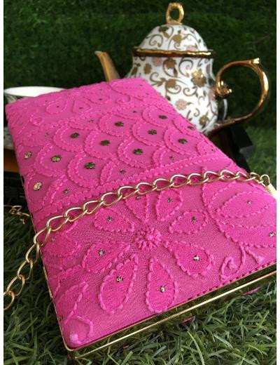 Chhangamal Hand Embroidered Dark Pink Colour Pure Georgette Chikankari Bag