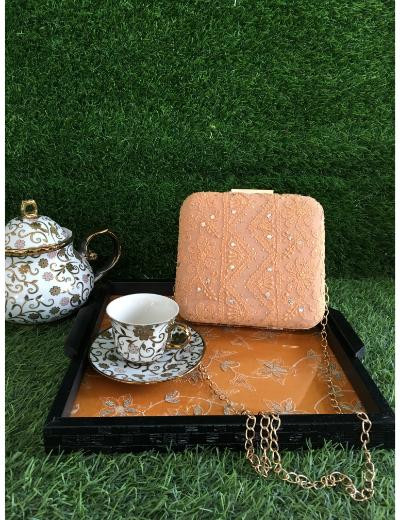 Chhangamal Hand Embroidered Peach Colour Pure Georgette Chikankari Bag