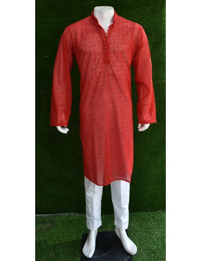 Rohia by Chhangamal Men's Embroidered Red Color Faux Georgette Kurta