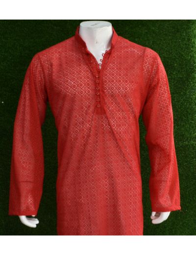 Rohia by Chhangamal Men's Embroidered Red Color Faux Georgette Kurta