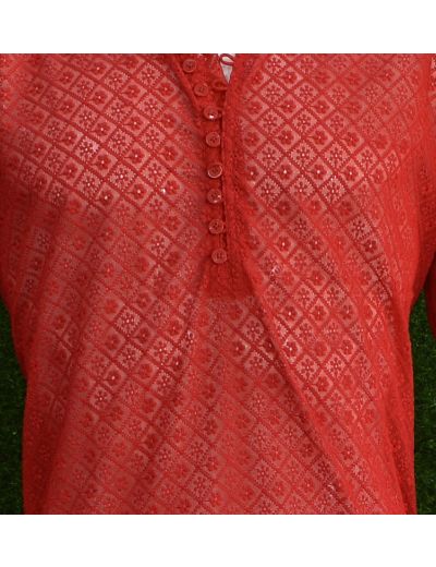 Rohia by Chhangamal Men's Embroidered Red Color Faux Georgette Kurta