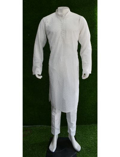 Rohia by Chhangamal Men's Embroidered White Color Faux Georgette Kurta