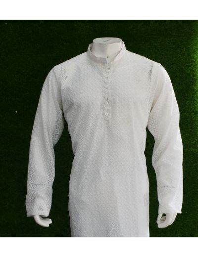 Rohia by Chhangamal Men's Embroidered White Color Faux Georgette Kurta