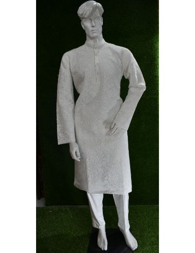 Rohia by Chhangamal Men's Hand Embroidered White Color Cotton Kurta