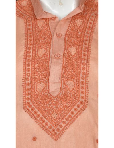 Rohia by Chhangamal Men's Hand Embroidered Orange Color Silk Kurta
