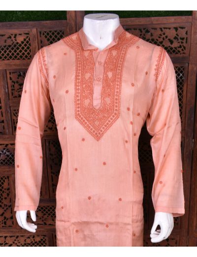 Rohia by Chhangamal Men's Hand Embroidered Orange Color Silk Kurta