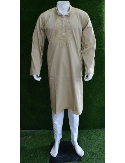 Rohia by Chhangamal Men's Hand Embroidered Beidge Color Cotton Kurta