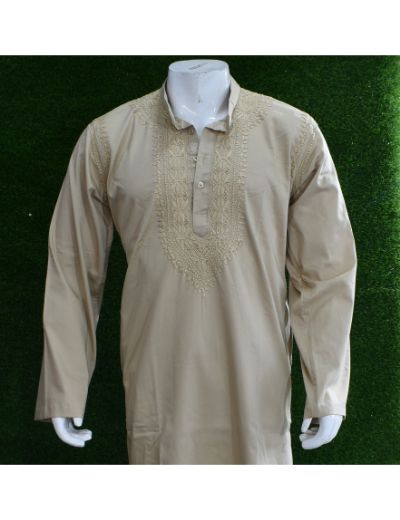 Rohia by Chhangamal Men's Hand Embroidered Beidge Color Cotton Kurta