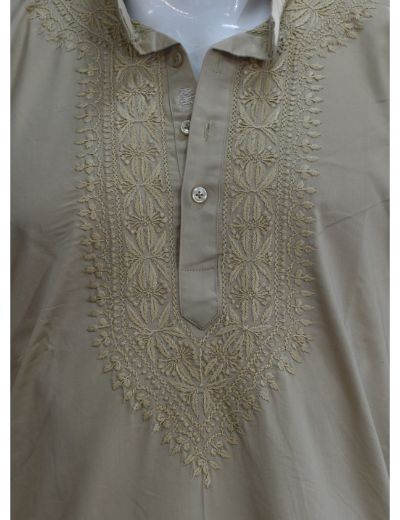 Rohia by Chhangamal Men's Hand Embroidered Beidge Color Cotton Kurta