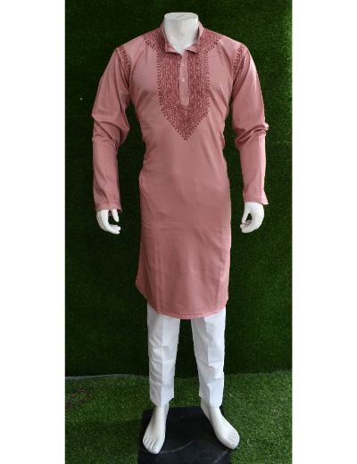 Rohia by Chhangamal Men's Hand Embroidered Onion Pink Color Cotton Kurta