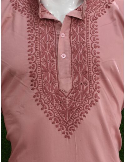 Rohia by Chhangamal Men's Hand Embroidered Onion Pink Color Cotton Kurta