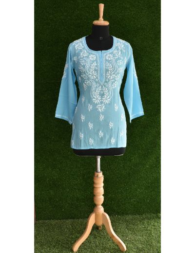 Chhangamal Hand Embroidered Women Blue Colour Modal Chikankari Top