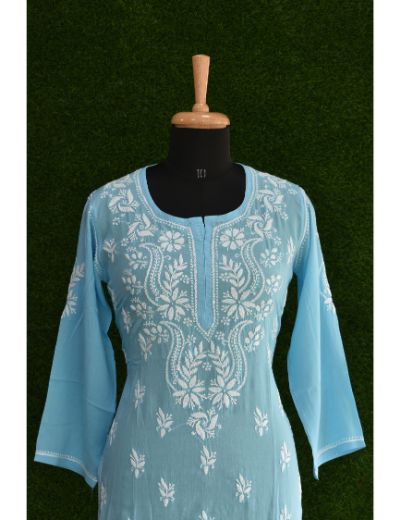 Chhangamal Hand Embroidered Women Blue Colour Modal Chikankari Top
