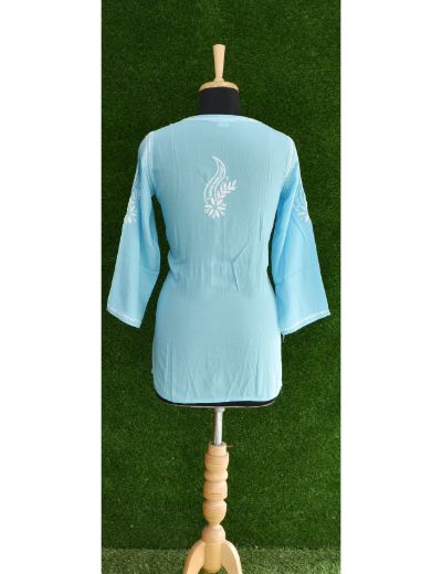 Chhangamal Hand Embroidered Women Blue Colour Modal Chikankari Top