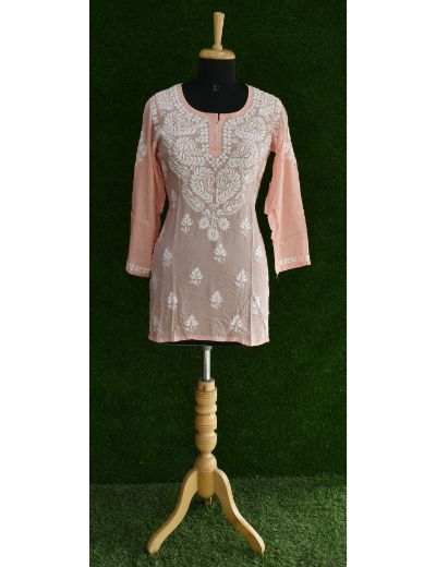 Chhangamal Hand Embroidered Womens Peach Colour Modal Chikankari Top