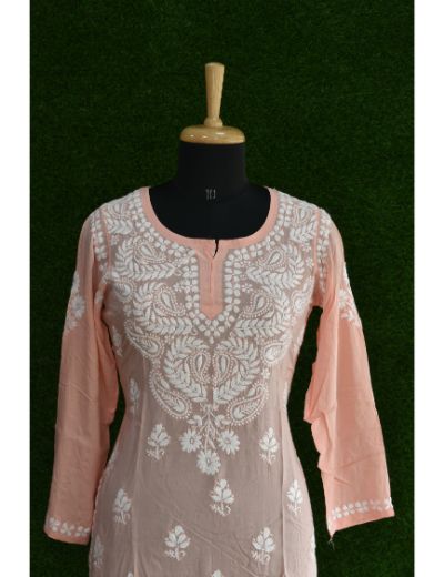 Chhangamal Hand Embroidered Womens Peach Colour Modal Chikankari Top