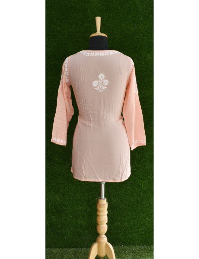 Chhangamal Hand Embroidered Womens Peach Colour Modal Chikankari Top