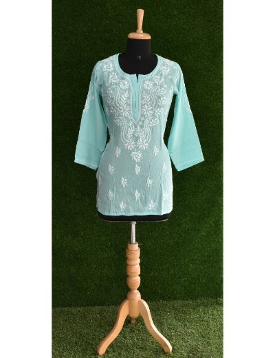 Chhangamal Hand Embroidered Womens Turquoise Blue Colour Modal Chikankari Top