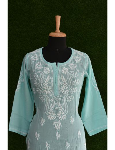 Chhangamal Hand Embroidered Womens Turquoise Blue Colour Modal Chikankari Top