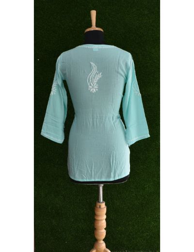 Chhangamal Hand Embroidered Womens Turquoise Blue Colour Modal Chikankari Top