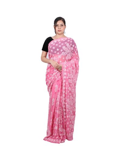 Chhangamal Hand Embroidered Pink Georgette Chikankari Saree