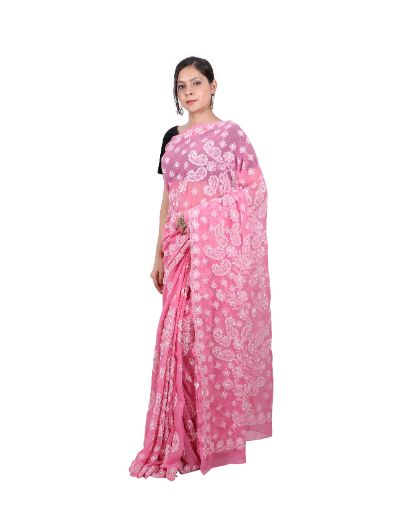 Chhangamal Hand Embroidered Pink Georgette Chikankari Saree