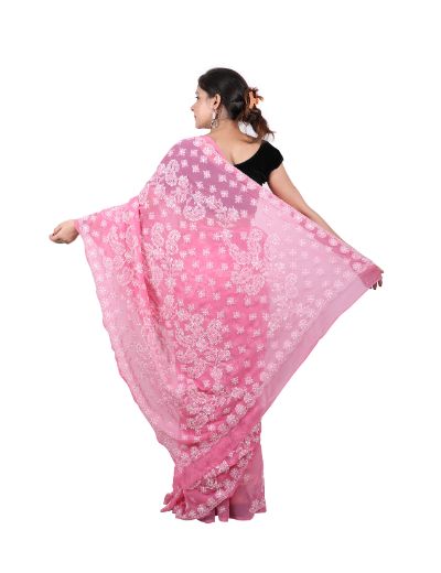Chhangamal Hand Embroidered Pink Georgette Chikankari Saree