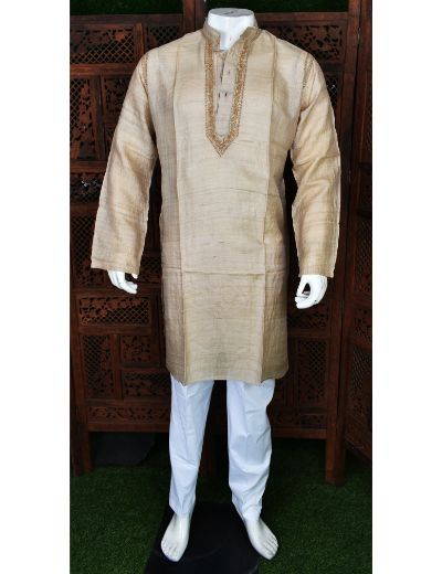 Rohia by Chhangamal Men's Hand Embroidered Beige Color Silk Kurta