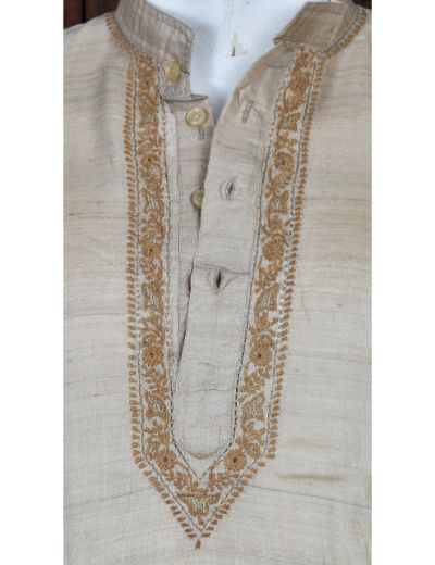 Rohia by Chhangamal Men's Hand Embroidered Beige Color Silk Kurta