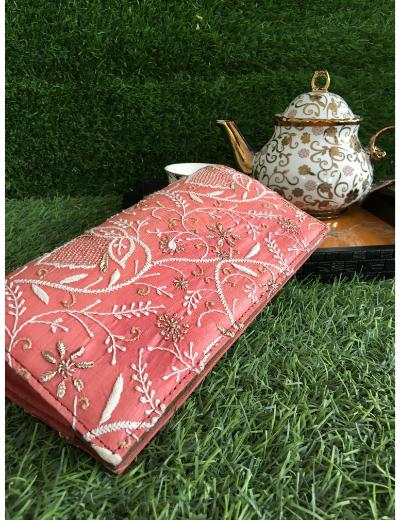 Chhangamal Hand Embroidered Carrot Colour Silk Chikankari Bag