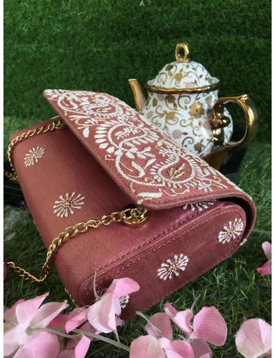 Chhangamal Hand Embroidered Blush Pink Colour Pure Silk Chikankari Bag