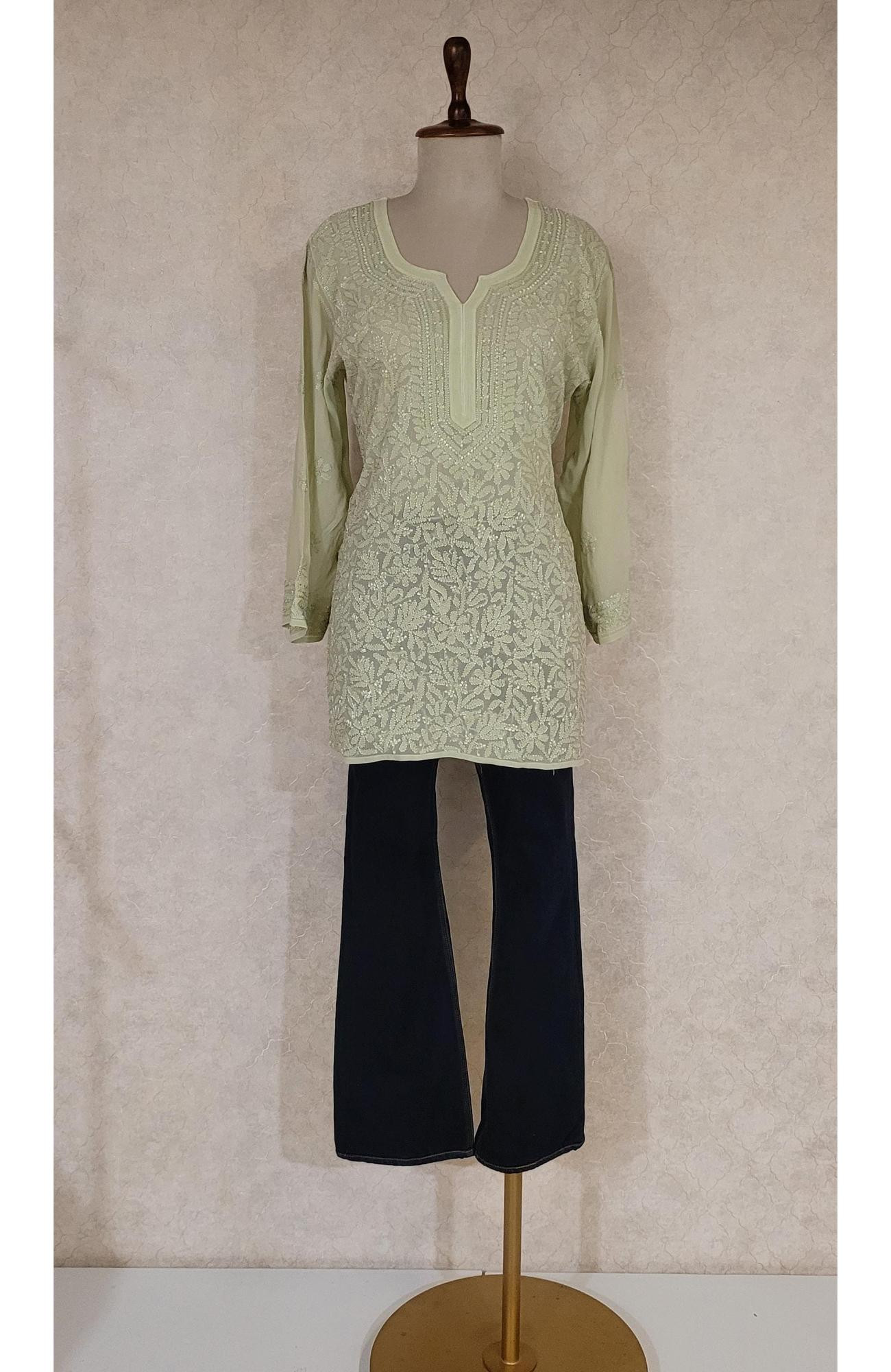 Pista Green Pure Georgette Chikankari Short Top