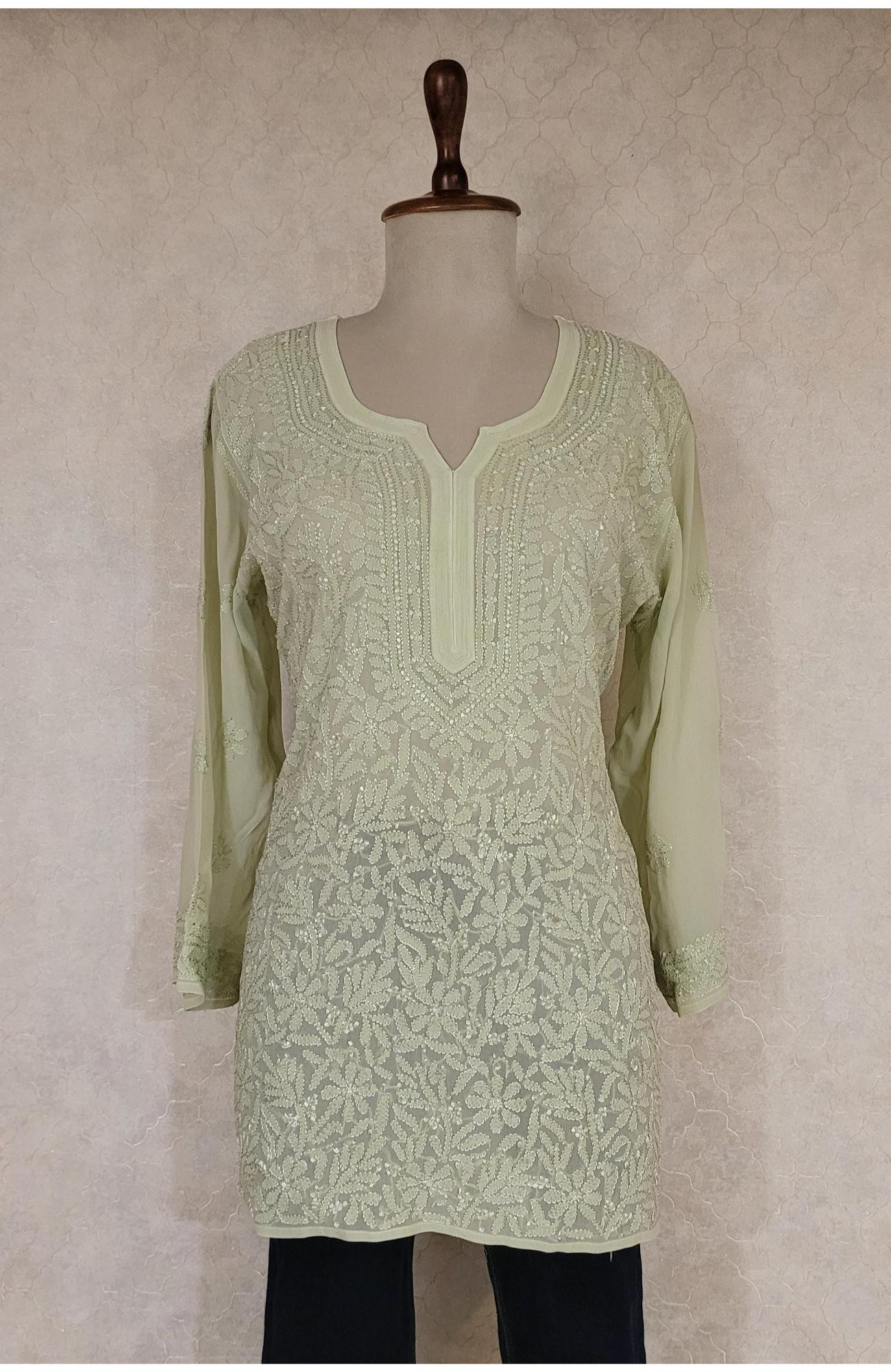 Pista Green Pure Georgette Chikankari Short Top