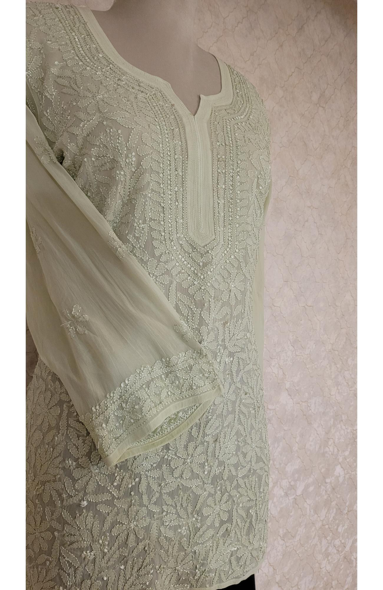 Pista Green Pure Georgette Chikankari Short Top