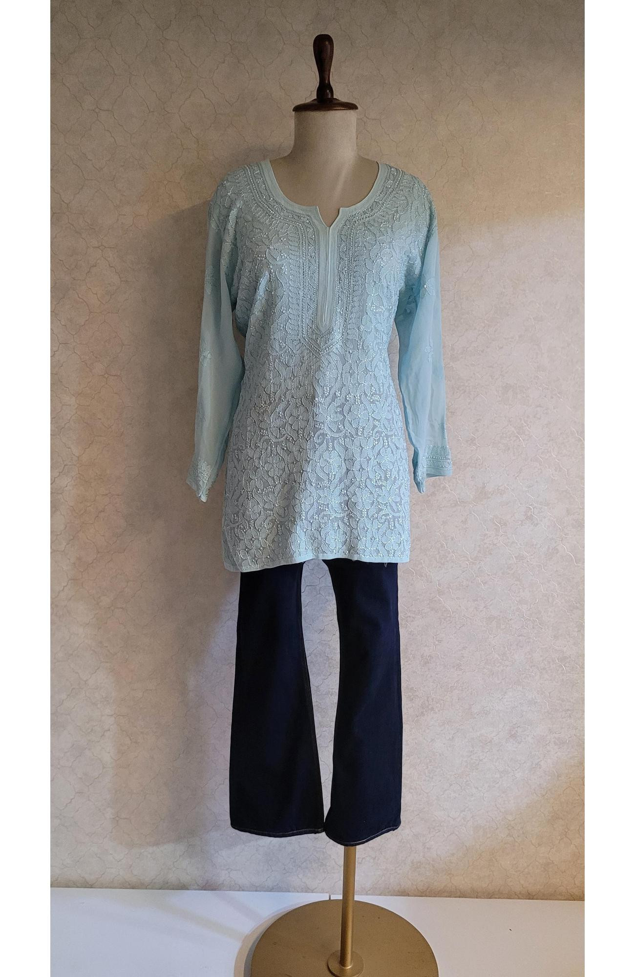 Teal Blue Pure Georgette Chikankari Short Top