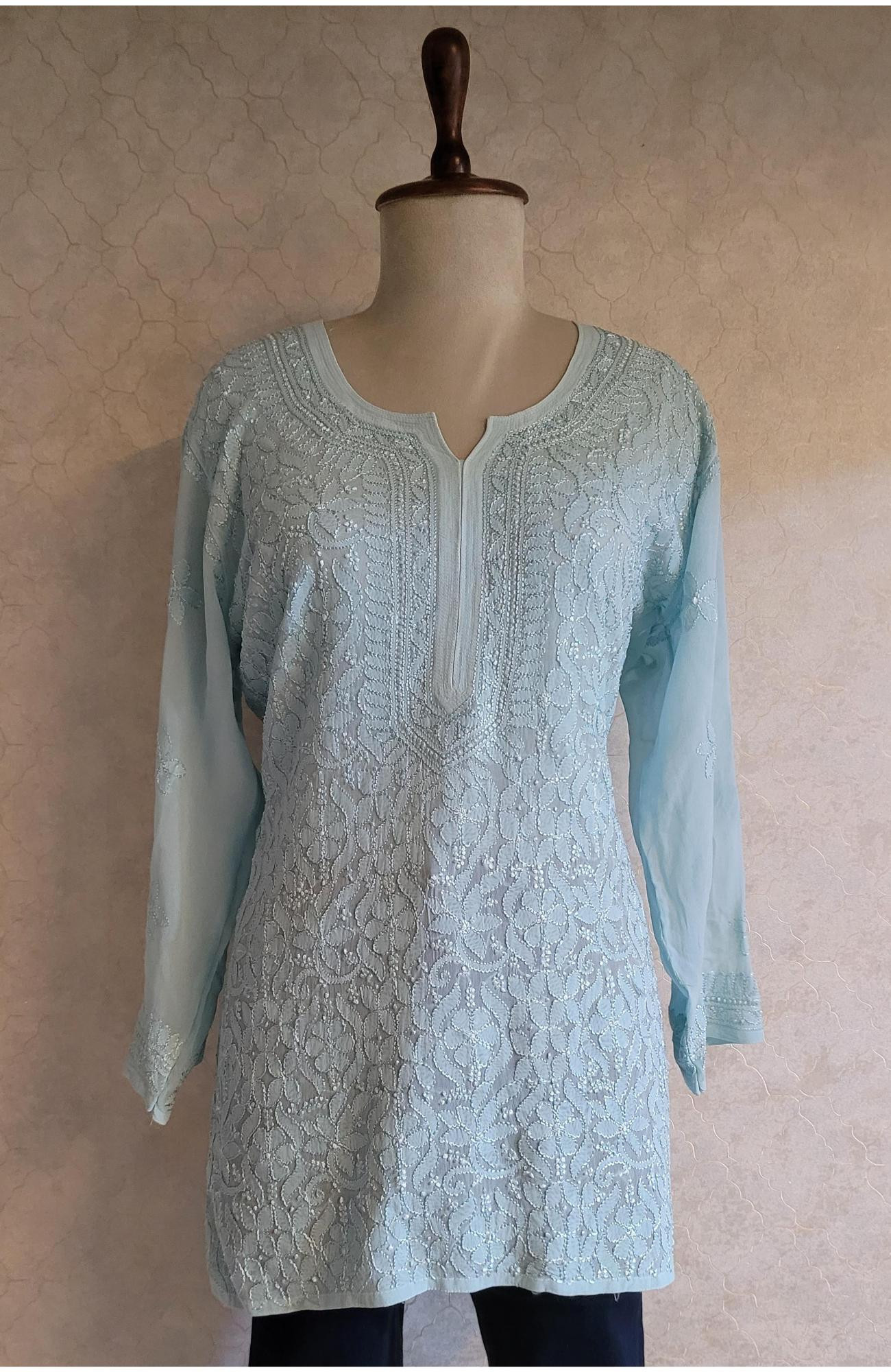 Teal Blue Pure Georgette Chikankari Short Top