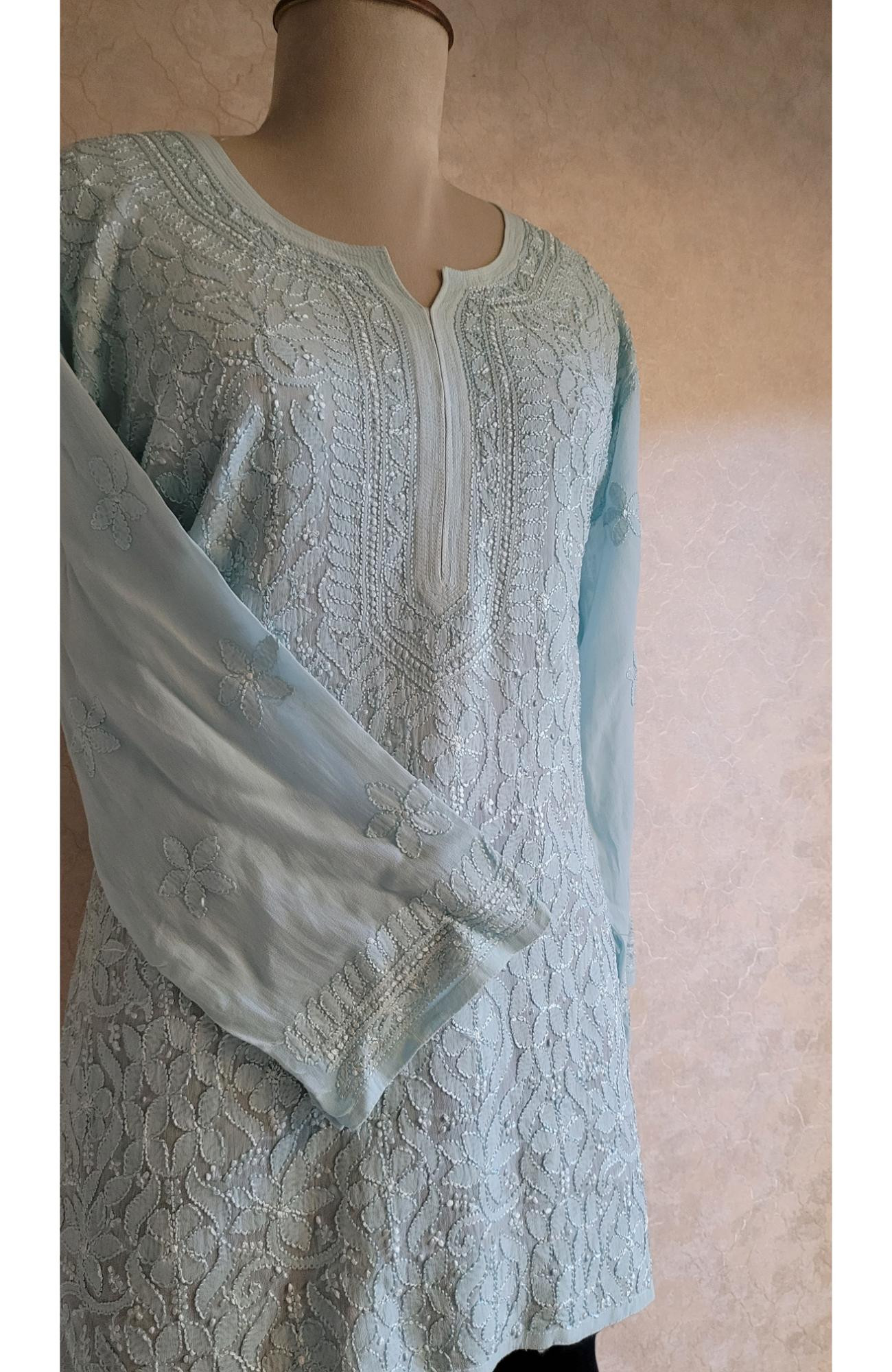 Teal Blue Pure Georgette Chikankari Short Top