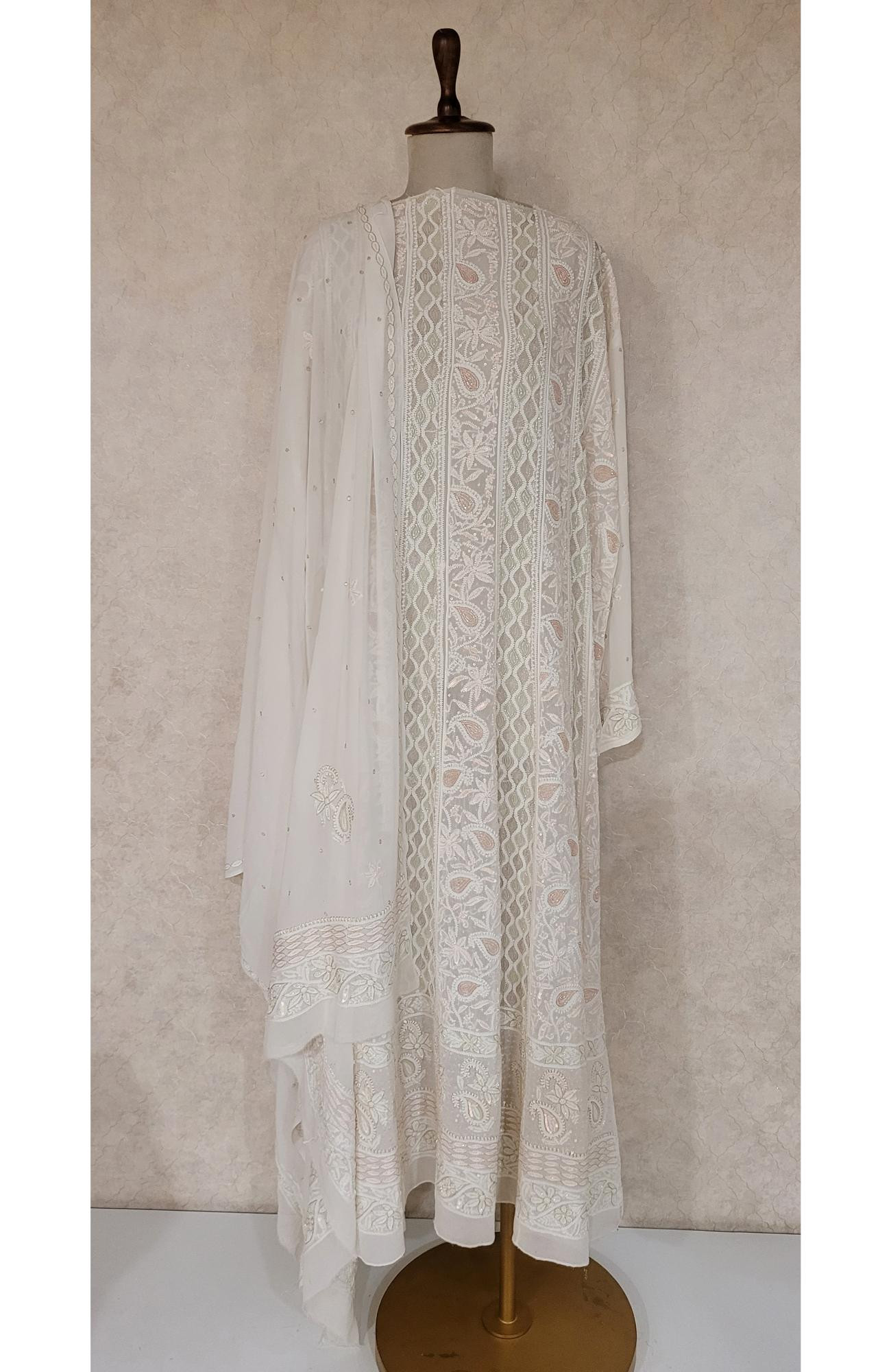 White Pure Georgette Chikankari Anarkali Kurta & Dupatta