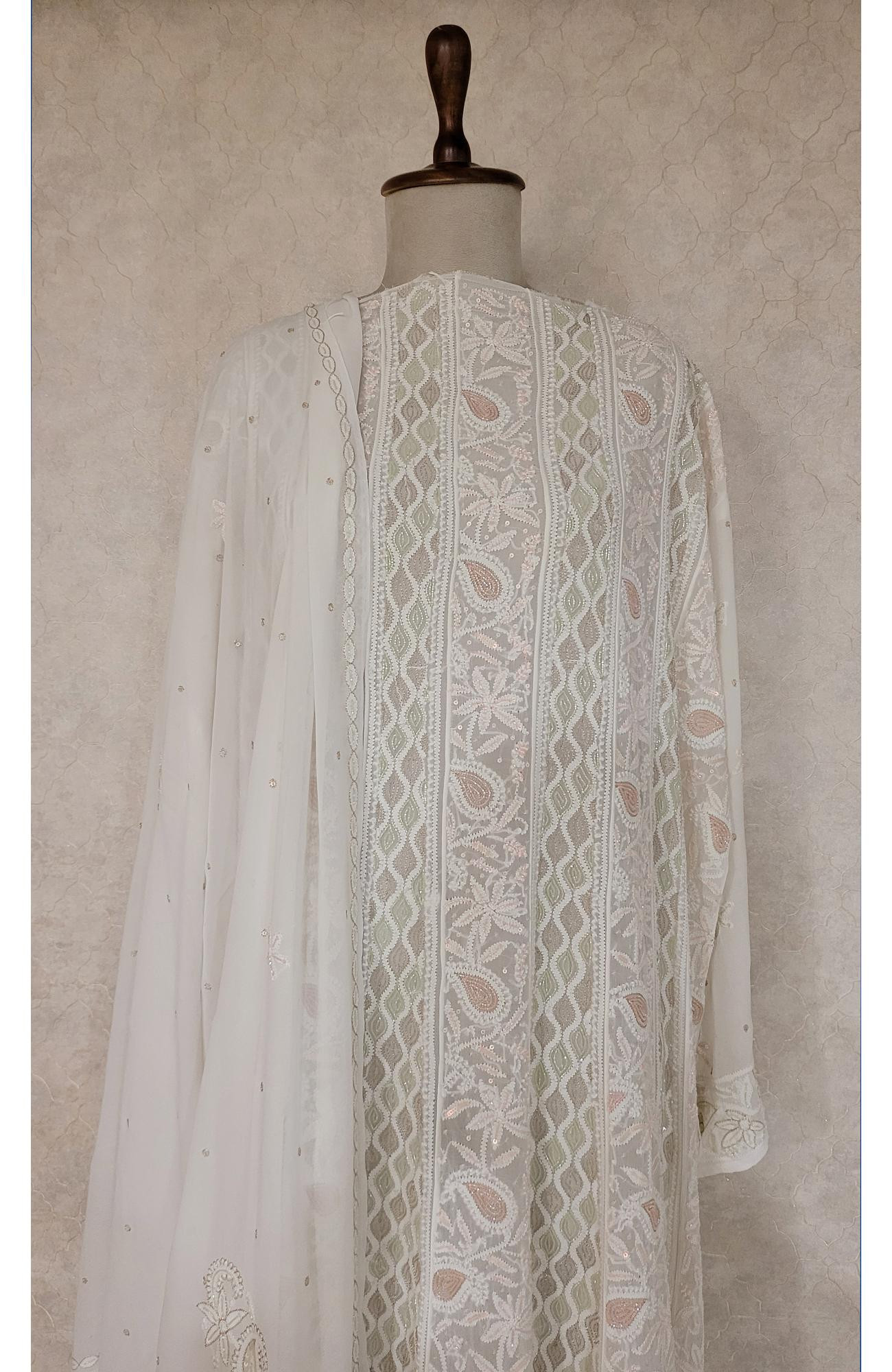 White Pure Georgette Chikankari Anarkali Kurta & Dupatta