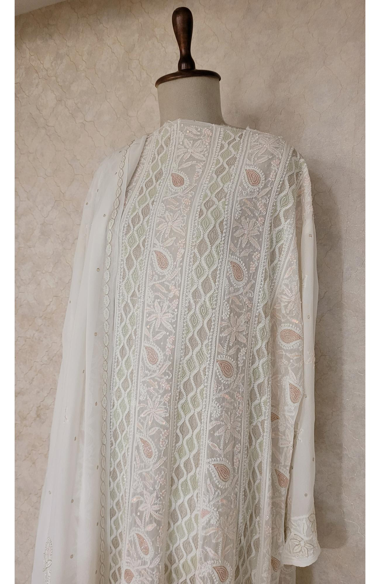 White Pure Georgette Chikankari Anarkali Kurta & Dupatta