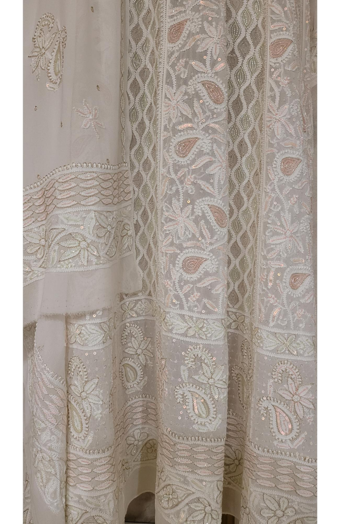 White Pure Georgette Chikankari Anarkali Kurta & Dupatta