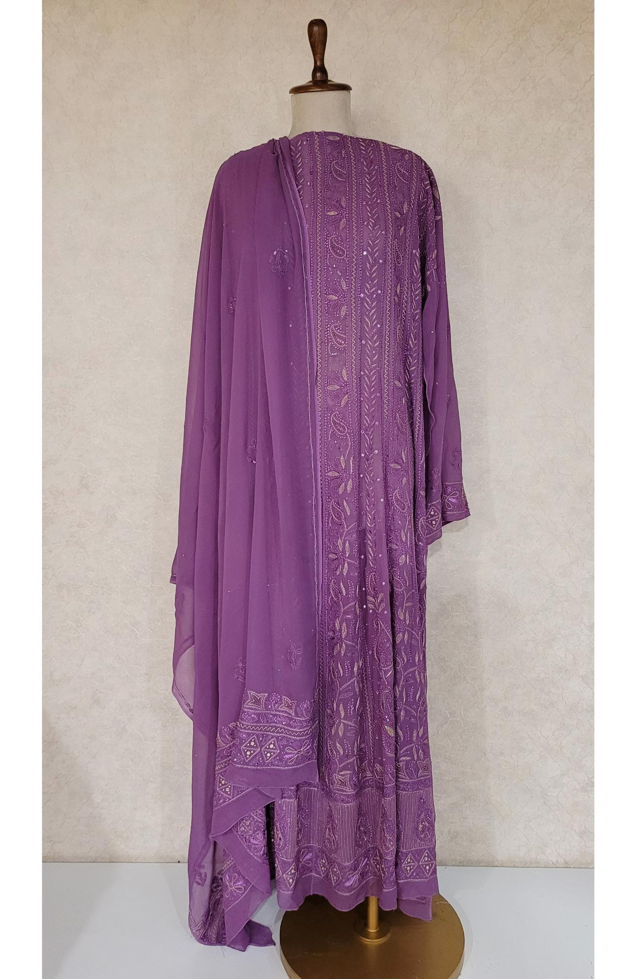 Purple Pure Georgette Chikankari Anarkali Kurta & Dupatta
