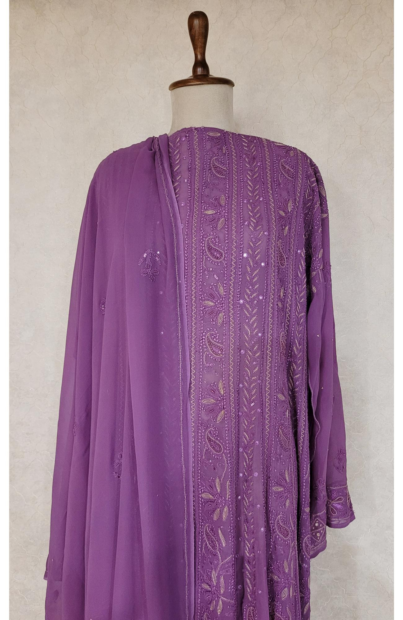 Purple Pure Georgette Chikankari Anarkali Kurta & Dupatta