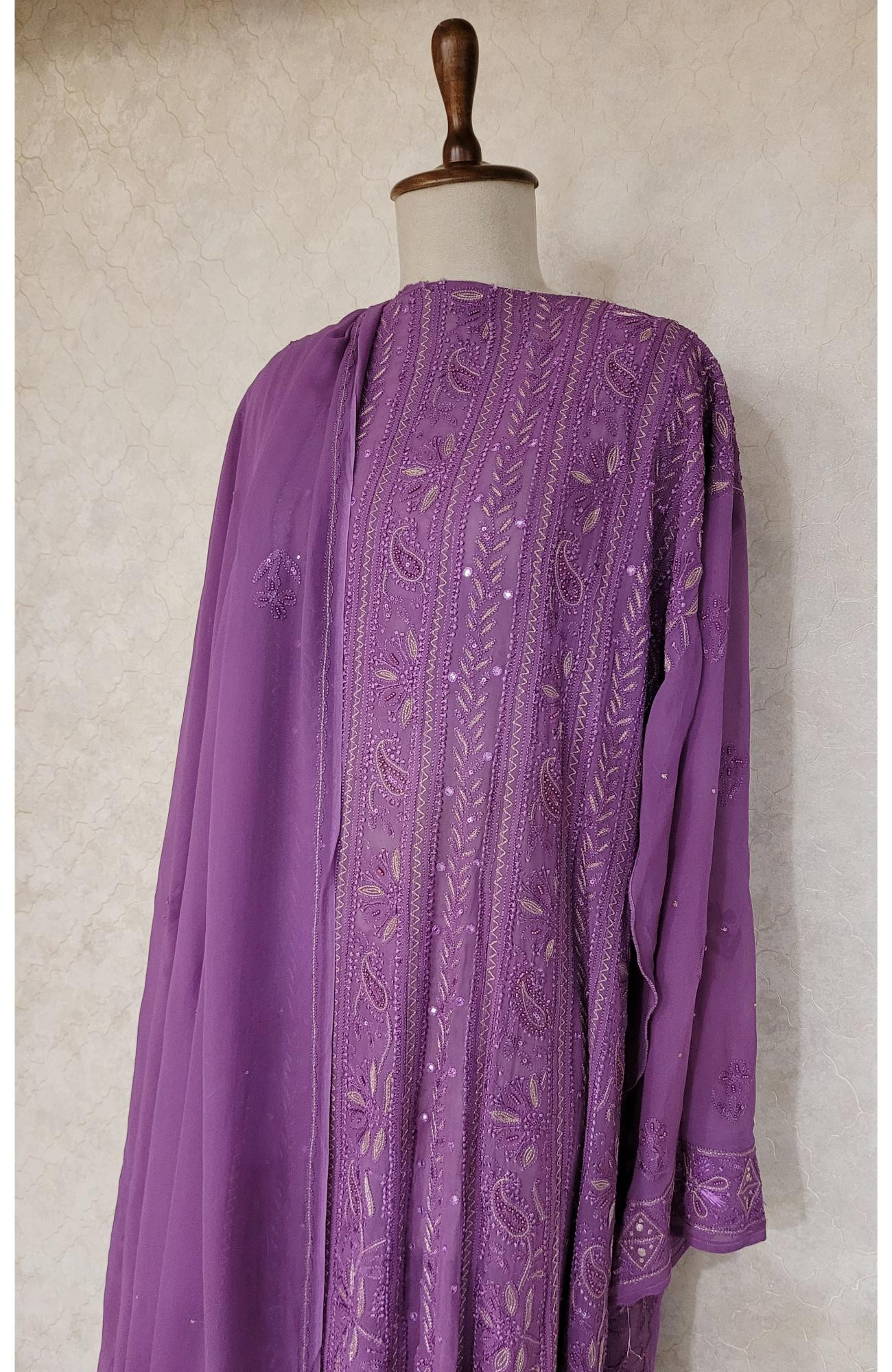 Purple Pure Georgette Chikankari Anarkali Kurta & Dupatta
