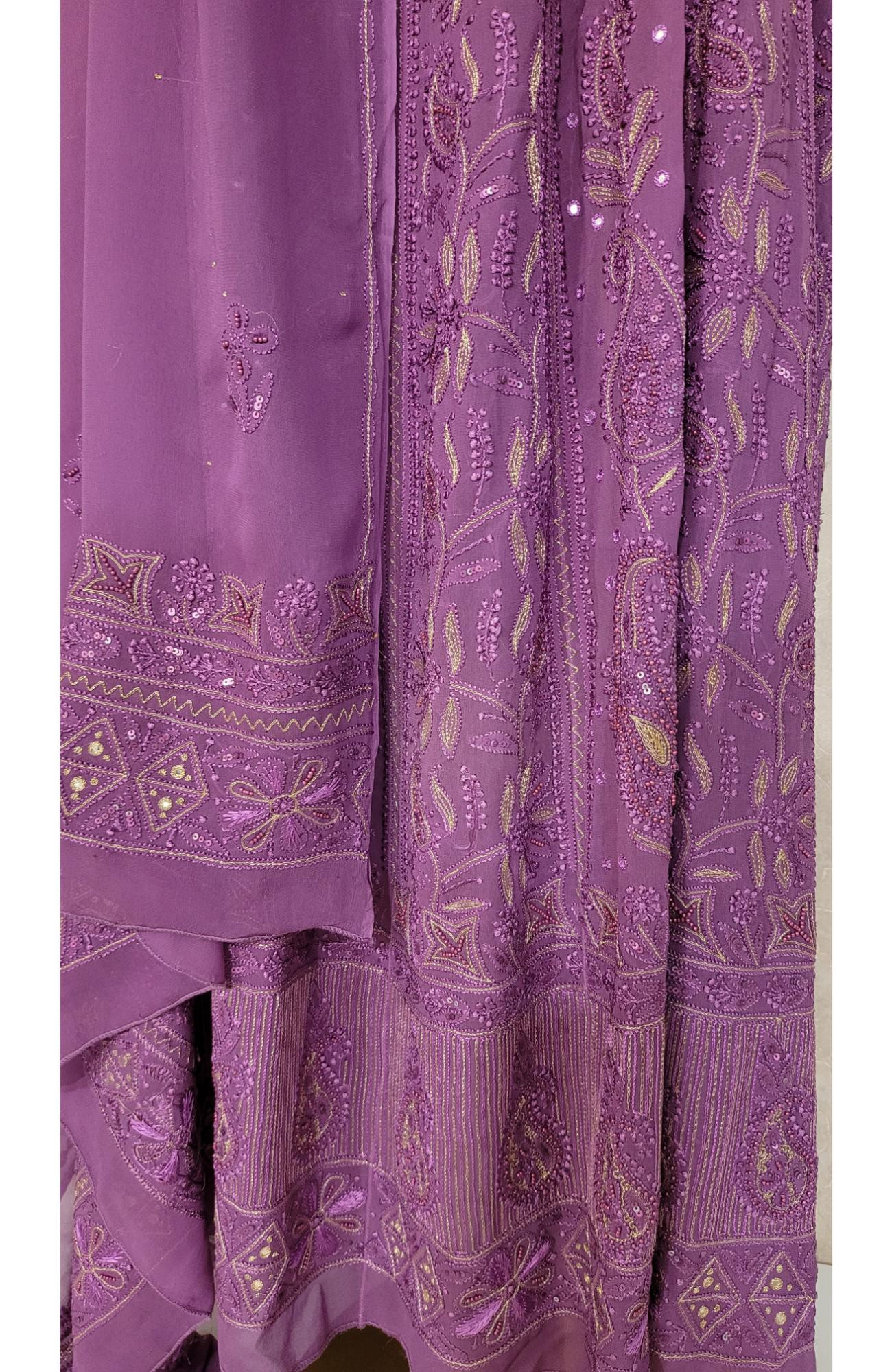 Purple Pure Georgette Chikankari Anarkali Kurta & Dupatta